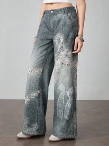 ROMWE J-Fashion Y2K 复古蝴蝶蕾丝印花女式低腰牛仔裤 - 藍色 - 查看 5