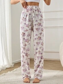 EURMUSE Women 2 Packs Cute Bear Pattern With Fake Drawstring Detail Homewear Lounge Bottom Set - Multicolor - View 3