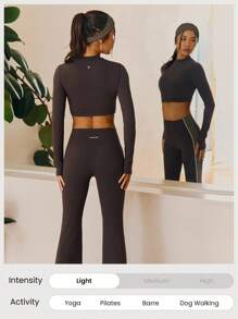 GLOWMODE Áo dài tay dáng lửng FeatherFit™ với đường may tôn dáng, có lỗ xỏ ngón tay cái, thích hợp cho yoga, pilates, tập luyện nhẹ nhàng, mặc hàng ngày thoải mái, có mút ngực tháo rời, mùa xuân hè. - Màu nâu Sô-cô-la - Xem 7
