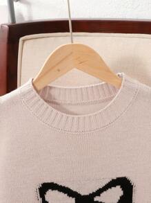 SHEIN 青少年女孩宽松休闲简约舒适圆领蝴蝶结套头衫 - 藕粉色 - 查看 5