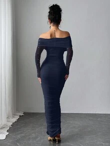 Firerie Elegantes weißes Damen Maxikleid mit Off-Shoulder Ausschnitt, Perlendekor, Rüschen, figurbetonter Passform, romantisch für Partys und Dates, Valentinstag - marineblau - Übersicht 2