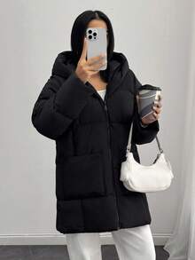 EURMUSE Petite Petit manteau matelassé zippé unicolore - Chaleur minimaliste noire - Noir - Voir 4