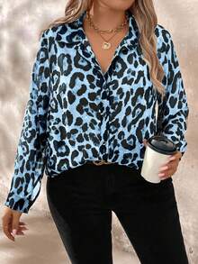 EMERY ROSE Plus Size Leopard Print Casual Shirt, Spring/Autumn Fall Cloth For Women - Blue - View 3