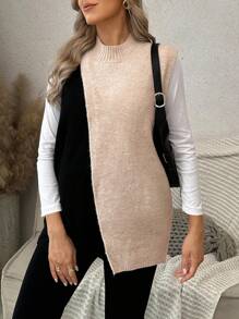 SHEIN Maternity Contrast Color Stand Collar Loose Casual Versatile Knitted Vest - Khaki - View 6