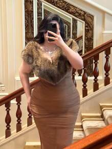 Flirla Party Deep V-Neck Sexy Minimalist Bodycon Waist Cinched High-End Elegant Solid Color Dress - Brown - View 4