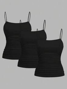 SHEIN EZwear 3pcs Black Plus Size Women's Ruched Side Sleeveless Camisole Tops, Suitable For Summer - Black - View 1