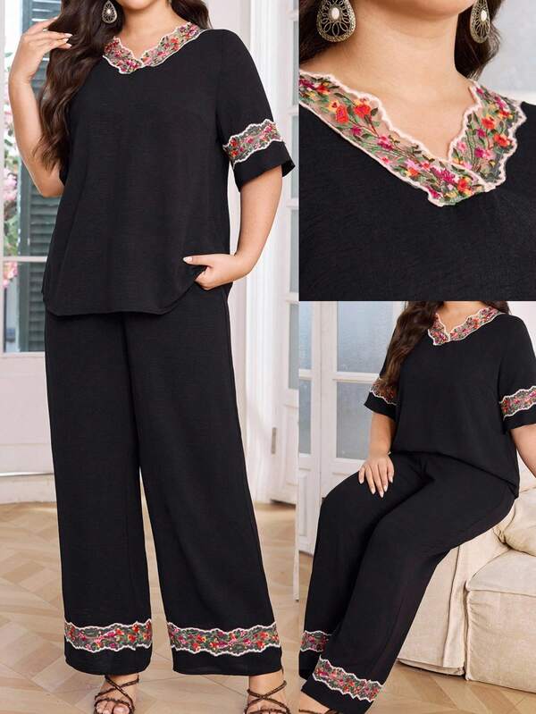Lacomfia Plus Size Elegant Commuter Floral Embroidery Patchwork Shirt & Pants 2 Pieces Set