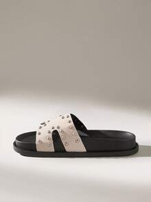 Solecia Women's Fashion Black Simple Metal Studded Double Layer Thick Sole Comfortable Slip-On Mules, Suitable For Commuting, Dates, Parties And Other Occasions