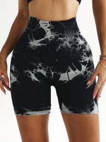 SHEIN Sports Colanți sport pentru femei, fără sudură, vopsiți în stil Tie-Dye, cu talie înaltă, slăbire + pantaloni scurți de yoga