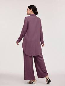 Veilorie 女式纯色简约长袖上衣和长裤两件套，日常穿着 - 粉色 - 查看 5