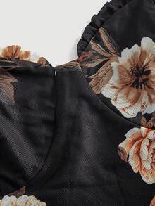 SHEIN MOD Váy xẻ tà họa tiết hoa đen xếp ly bất đối xứng dành cho nữ, váy xếp ly họa tiết hoa đen, trang phục Halloween, Giáng sinh, Thu/Đông cho nữ, trang phục đi chơi - Nhiều màu - Xem 5