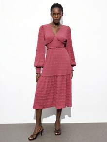 Maija Váy dài tay bồng cổ chữ V họa tiết kẻ caro đỏ tím đậm, viền bèo nhún, thắt eo, viền loe tôn dáng, trang phục lễ hội âm nhạc đồng quê phong cách Bohemian sang trọng, váy nhẹ nhàng, đa năng cho mọi mùa - Màu đỏ tím - Xem 5