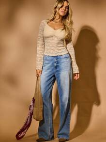 Aralina Fall Winter Western Boho Full Lace Bell Sleeve Ruched Front Cute Going Out Country Concert - Apricot - View 5