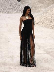 MUSERA Fringe Detail Strapless Bandage Bandeau Maxi Dress Night Out Occasion Elegant Fall Western Autumn Rapture - Black - View 1