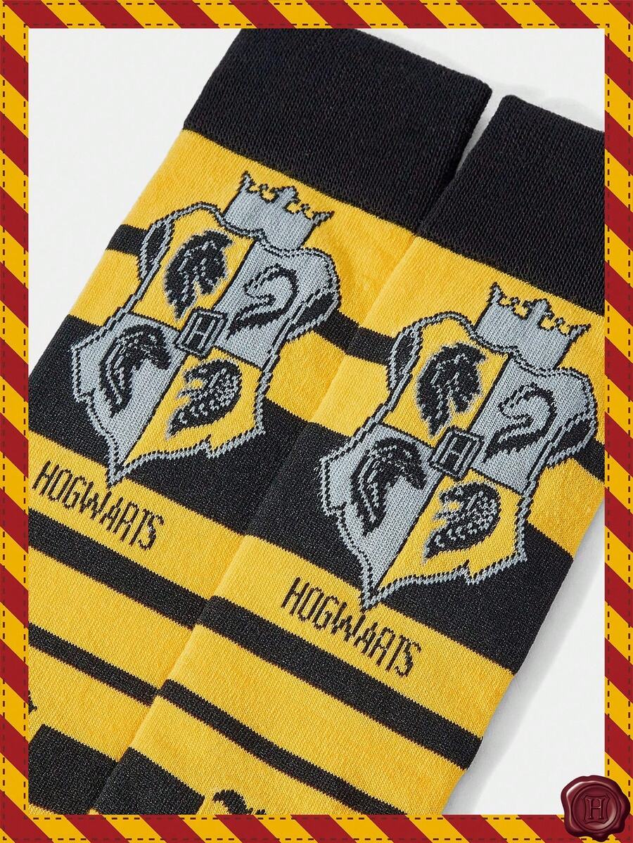HARRY POTTER X SHEIN 1 Pair Women's Comfortable Contrast Color School Badge Pattern Calf Socks - Yellow - View 1