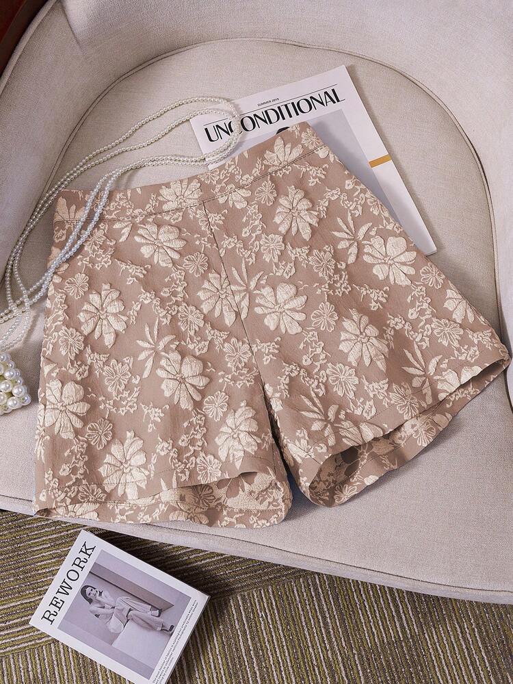 SHEIN LUNE Shorts de cintura alta estampado jacquard elegantes para mujer, de verano - Caqui - Añade 1