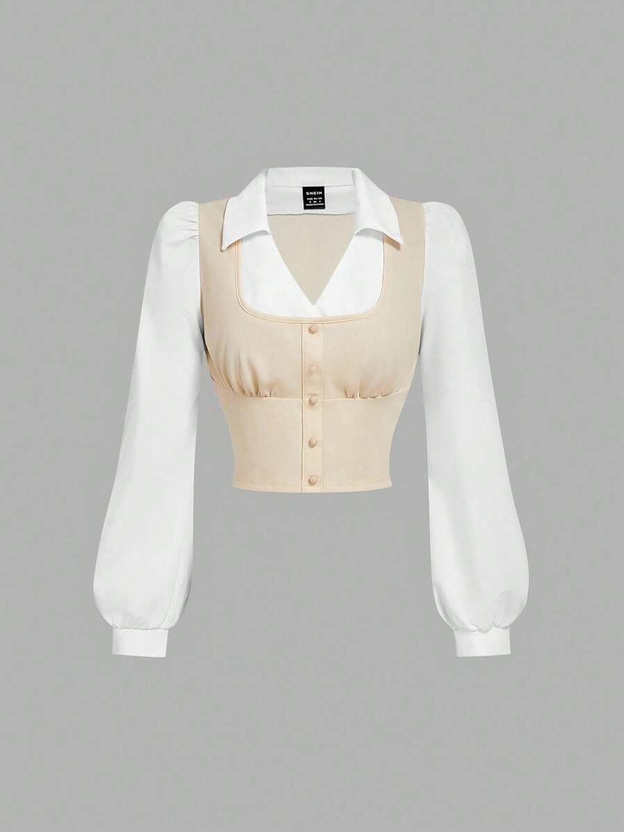SHEIN MOD Áo sơ mi màu đen trắng cổ bẻ tay dài màu tương phản ngực nhún bèo, áo sơ mi đen, áo cánh cài nút, áo sơ mi nữ tay dài, áo sơ mi nữ có cổ, áo sơ mi nữ công sở, áo sơ mi trang trọng, áo sơ mi cổ chữ V - Màu be - Xem 1