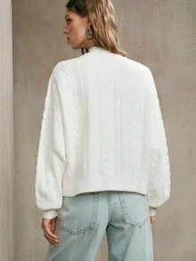 Revavyn Revavyn Damen Woll-Garn Stoff Cardigan mit Perlenverzierung, Drop-Shoulder, Langarm Kurz-Cardigan für tägliche Fahrten, Schule im Herbst, Ausgehen, Weiß - Aprikosenfarben - Übersicht 4