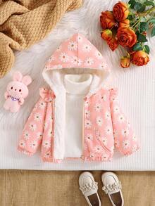1件女婴秋冬新款印花面料连帽长袖拉链外套，荷叶边装饰，保暖内衬，可爱时尚的冬季外套 - 粉色 - 查看 3