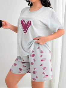 RueChic Cottonlie 2 件加大码心形印花短袖衬衫和撞色心形图案短裤睡衣套装 - 灰色 - 查看 5