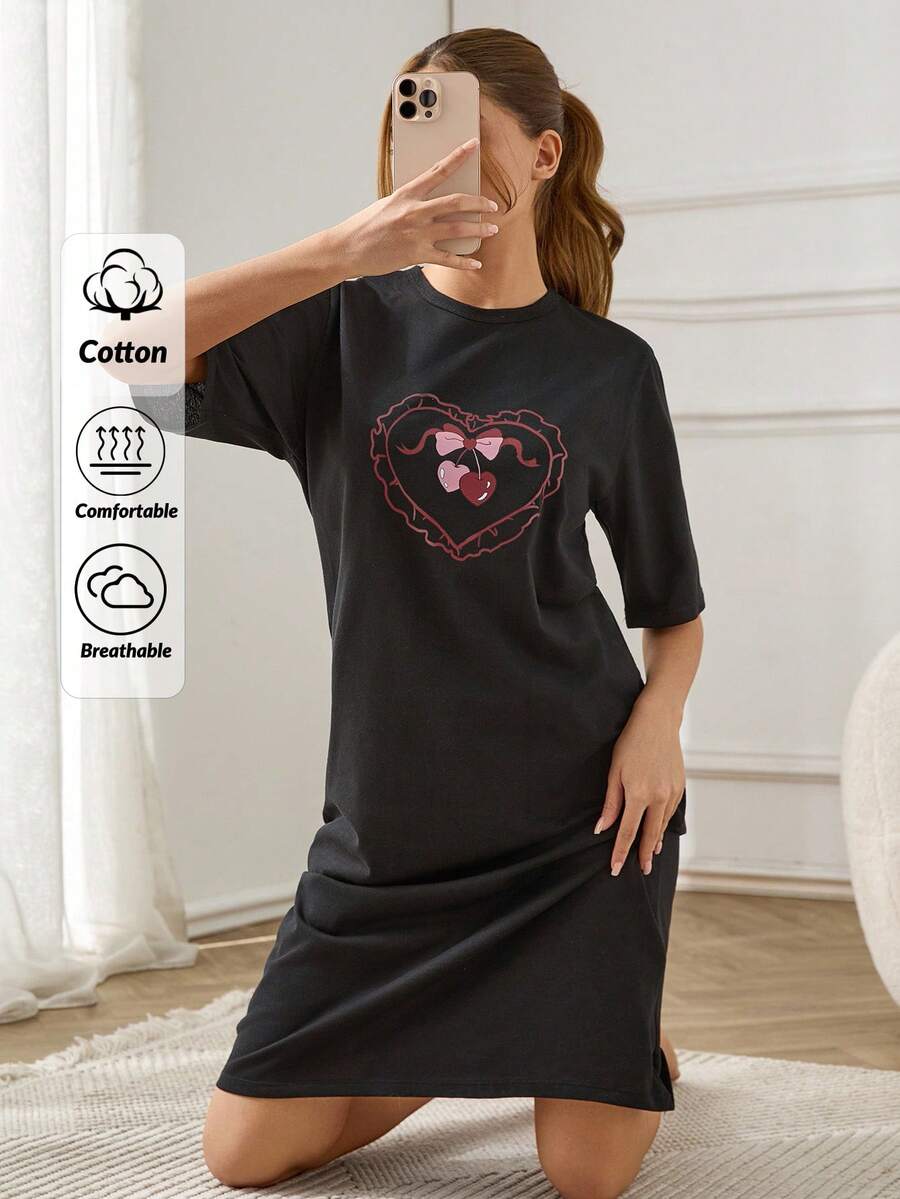 RueChic Women Contrast Colour Tiny Hearts With Pattern Homewear Sleep Dres - Grey - View 1