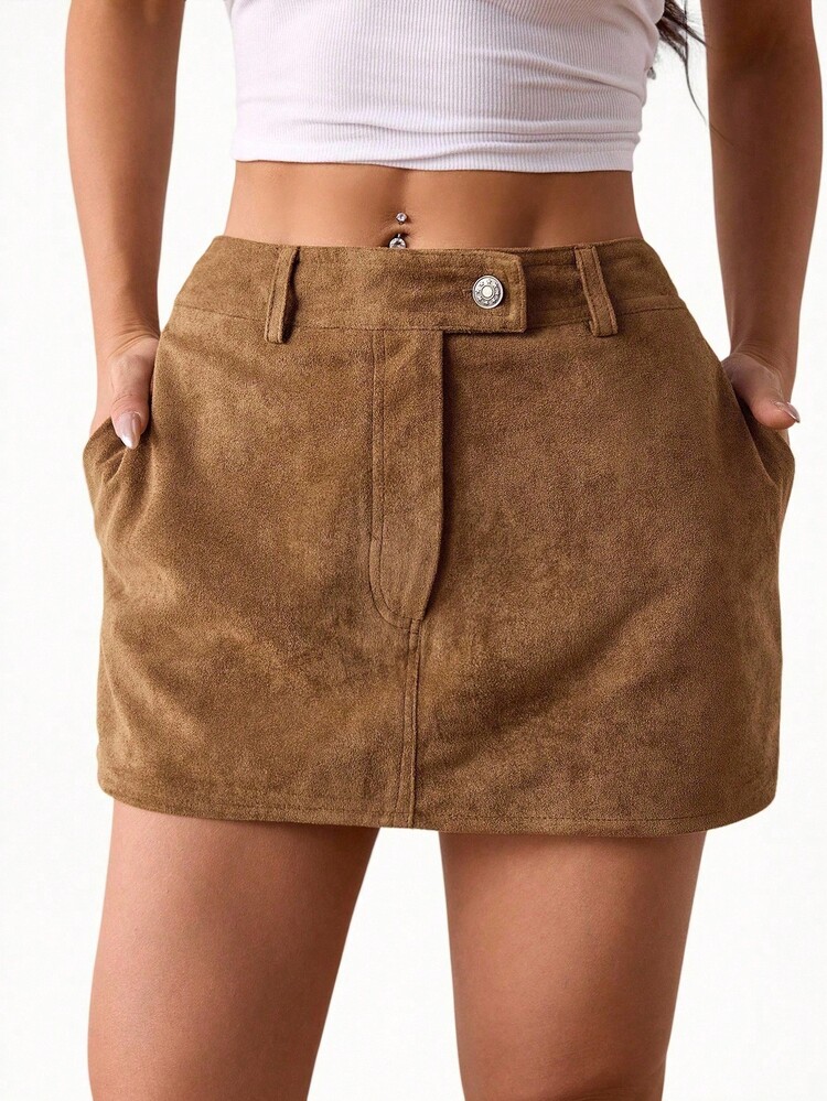 SHEIN PETITE Lässiger, vielseitiger, einfacher Taschen-Rock für Damen im Alltag - Braun - Übersicht 3