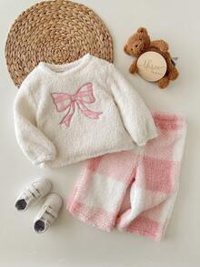 SHEIN 女婴可爱休闲毛绒蝴蝶结格子图案睡衣套装，秋冬 - 白色 - 查看 8