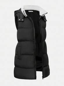 SHEIN Teen Girl Plain Zip-Up Sleeveless Hoodie Casual Padded Coat Black Puffer Vest Winter Black Long Puffer Vest Hooded Puffer Vest Fall - Black - View 3