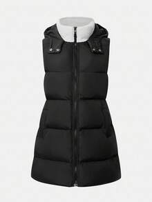 SHEIN Teen Girl Plain Zip-Up Sleeveless Hoodie Casual Padded Coat Black Puffer Vest Winter Black Long Puffer Vest Hooded Puffer Vest Fall - Black - View 8