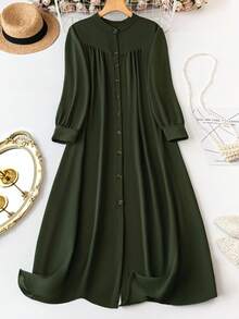 EMERY ROSE Váy Maxi Tay Dài Cài Nút Màu Trơn Cỡ Lớn Cho Nữ, Trang Phục Giáng Sinh - xanh quân đội - Xem 1