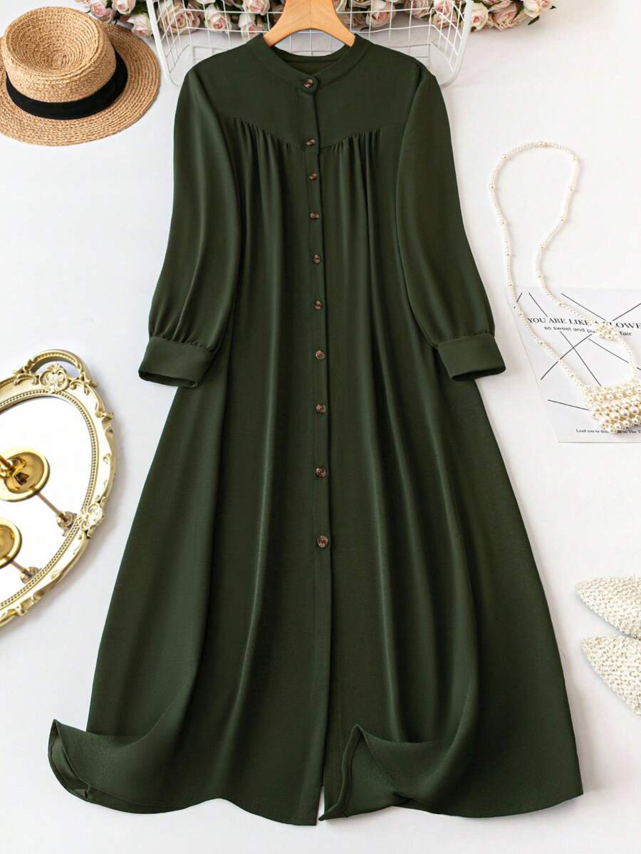 EMERY ROSE Váy Maxi Tay Dài Cài Nút Màu Trơn Cỡ Lớn Cho Nữ, Trang Phục Giáng Sinh - xanh quân đội - Xem 1