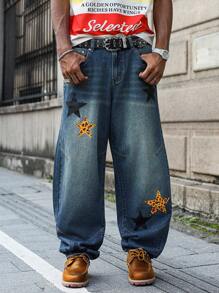 PAVTROS Manfinity Streetrush Men's Leopard Print & Star Pattern Pocket Loose Fit Jeans, All Season, Streetwear - Blue - View 5