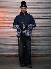 AXEPEAK Men's Ink Texture Zip Front Casual Short Winter Jacket - Blue and White - View 4