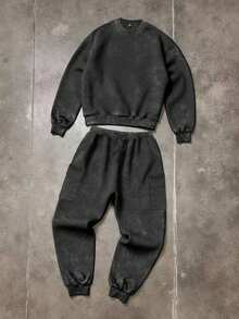 Manfinity Hypemode 男士水洗卫衣套装；工装卫衣裤套装，2000年代风格，秋季服装 - 灰色 - 查看 3