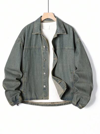 Manfinity Homme 男士长袖单排扣口袋休闲宽松牛仔夹克男友和丈夫洗水蓝色宽松阔腿度假牛仔拉链夹克，秋季