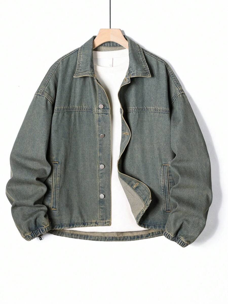 Manfinity Homme 男士长袖单排扣口袋休闲宽松牛仔夹克男友和丈夫洗水蓝色宽松阔腿度假牛仔拉链夹克，秋季 - 銅色 - 查看 1