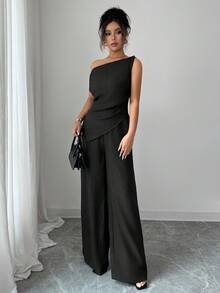 Elenzga 夏季新款韩版女装两件套，适合旅行和摄影，优雅深蓝色不对称肩上衣+高腰休闲裤 - 黑色 - 查看 6