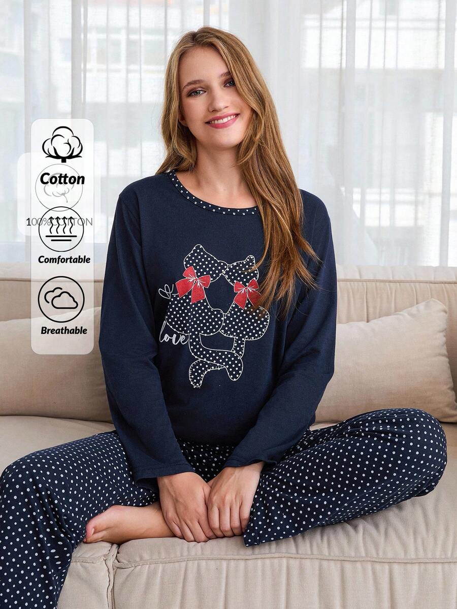 SHEIN Cottnline 100% Cotton 2Pcs  Polka Dot &Animal Printed Homewear PJ Set - Navy Blue - View 1