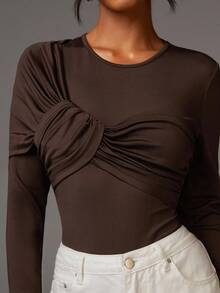Athîral Women Bodysuits, Fall Tops ,Business Casual Woman,Old Money Style,Wedding Guest Outfit - Coffee Brown - View 4