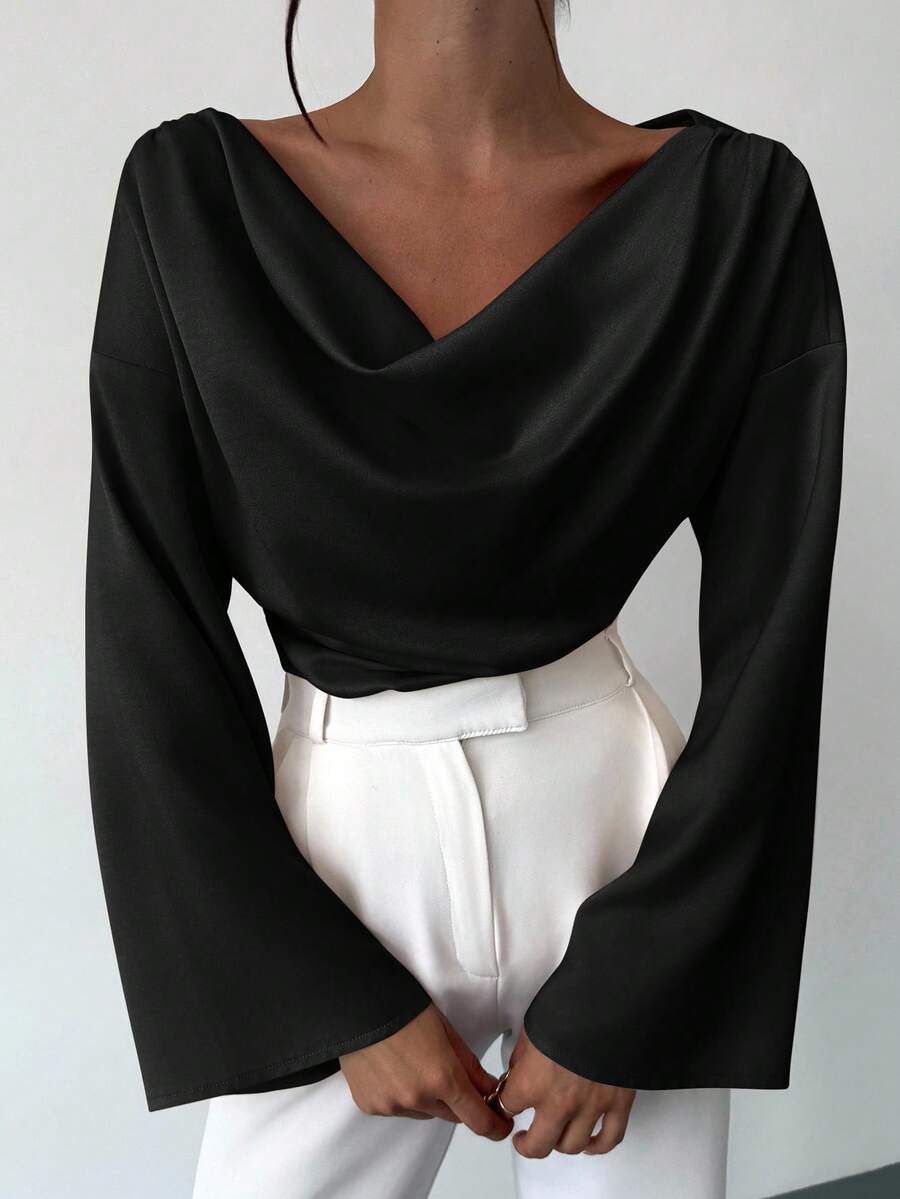 Firerie 杏色船领喇叭袖收腰OL衬衫，简约优雅日常通勤缎面不对称褶皱领喇叭袖女式衬衫，时尚办公室着装，优雅女士黑色上衣 - 黑色 - 查看 1