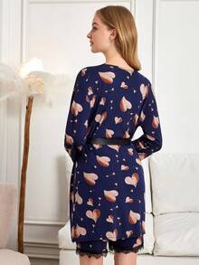EURMUSE Women 3 Pcs Contrast Colour Lace Detail Heart Patterned Top&Shorts&Robe Homewear Set - Multicolor - View 2
