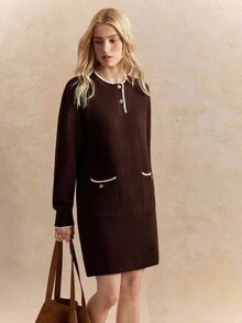 Écloséra 法式复古羊毛混纺宽松圆领长袖针织毛衣裙，咖啡色/白色撞色边饰和金属纽扣，春/秋/冬女装，复古，工作服，办公室装，教师装，返校装，秋季装，商务休闲装，复古风，学院风 - 咖啡棕 - 查看 4