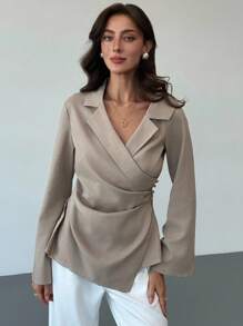 Aloruh Women's Elegant Khaki Long Sleeve Lapel Neck Blouse,Autumn Office Business Casual Shirt With Pleated Asymmetric Hem For And Commuting Tops - Khaki - View 4