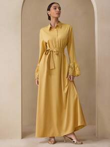 Graceveil Autumn Woven Embroidered Patchwork Elegant Teacher's Dress, Long Dress For Back To School, Yellow Autumn Long Sleeve Maxi Dress Fall Cloth For Women - Yellow - View 5