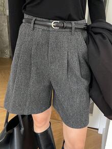 Livesso 女士纯色直筒宽松羊毛混纺百慕大短裤，带口袋，适合秋冬季休闲穿着 - 灰色 - 查看 5