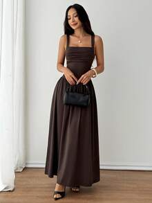 SHEIN PETITE 女式优雅纯色棕色咖啡色方领喇叭连衣裙，春夏 - 棕色 - 查看 5