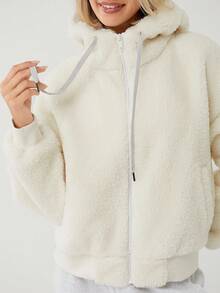 GLOWMODE Cozy Thick Polar Fleece Soft Warm Bomber Adjustable Drawstring Hoodie Windproof Ribbed Hem Cuffs Jacket With Side Pockets Daily Casual Winter - Beige - View 11