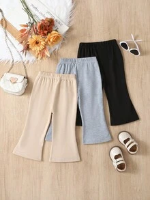 3pcs Baby Girl Knitted Comfortable Flare Pants, 0-3 Years Old, Elastic Waist, Bow Decor, Versatile For Outdoor Activities & Family Gatherings, Suitable For Spring & Autumn Fall Winter - Multicolor - View 2