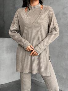 EURMUSE Bộ 3 áo sơ mi dài tay trễ vai màu trơn, áo vest lửng và quần dài thường ngày cho nữ mùa xuân/thu - Màu be - Xem 6