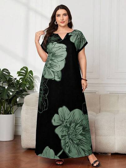 Modelyn Plus Size Elegant Floral Print Arabic Style Dress, Summer